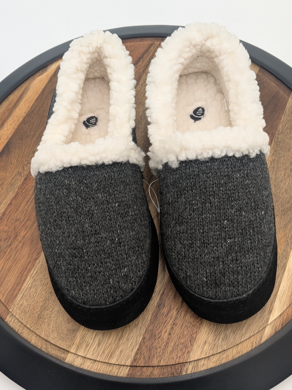 Acorn Charcoal Knit Slip-On Slippers with Cream Sherpa Collar
